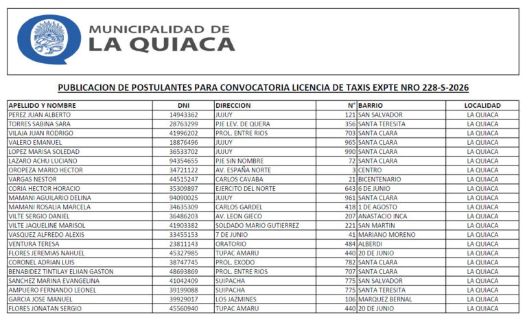 LISTADO OFICIAL DE POSTULANTES PARA LA CONCESIÓN DE LICENCIAS DE TAXI EN LA QUIACA