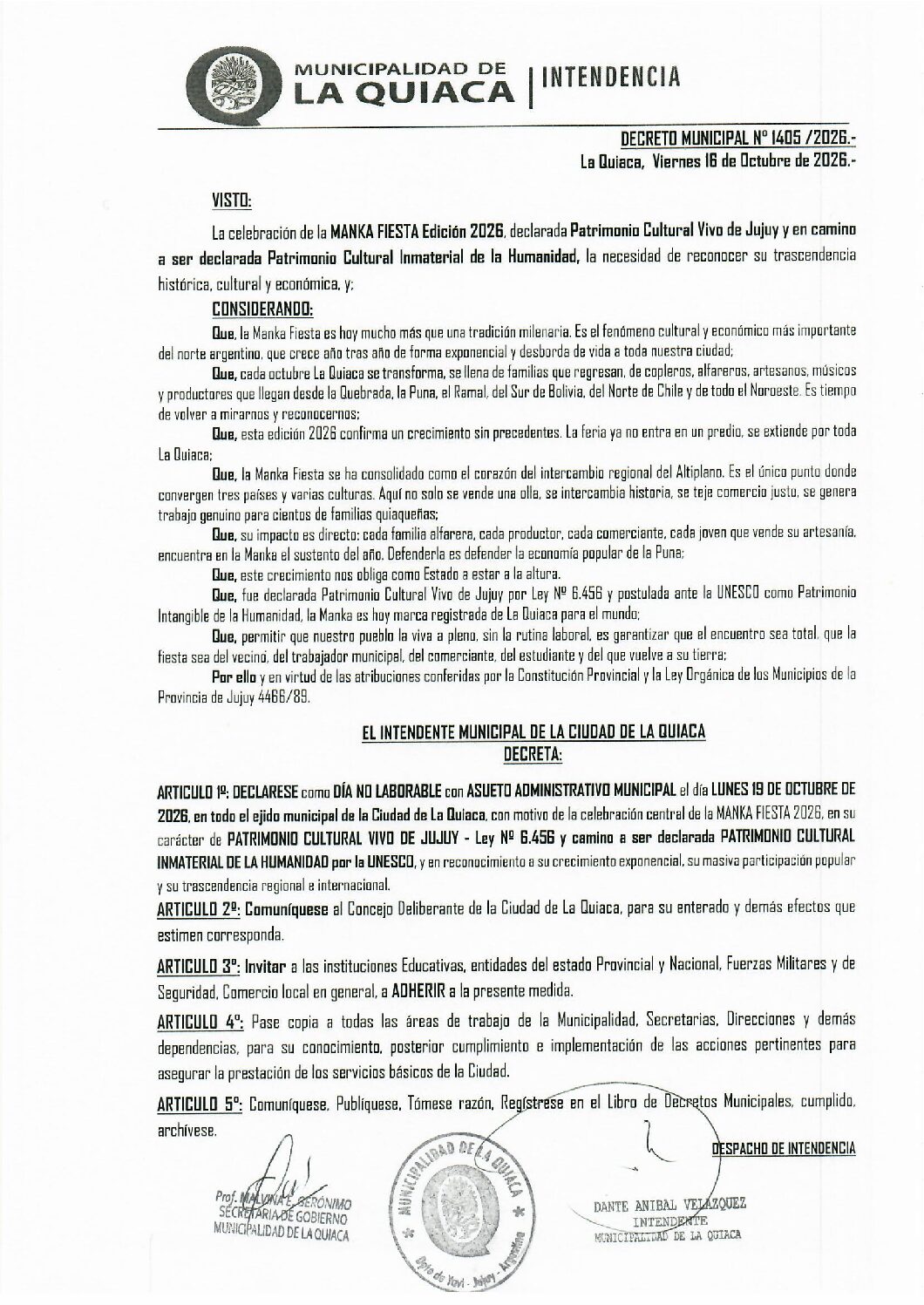 DECRETO 1405: PATRIMONIO CULTURAL VIVO, LA QUIACA DECRETA DÍA NO LABORABLE  PARA CELEBRAR LA MANKA FIESTA