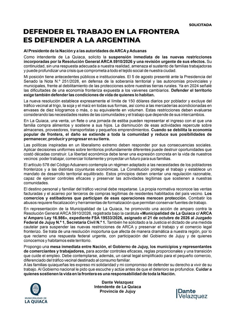 DEFENDER EL TRABAJO EN LA FRONTERA ES DEFENDER A LA ARGENTINA